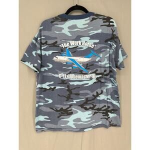 80s Vintage Shirt Mens Medium Blue Camouflage Globemaster Air Force Boeing Plane